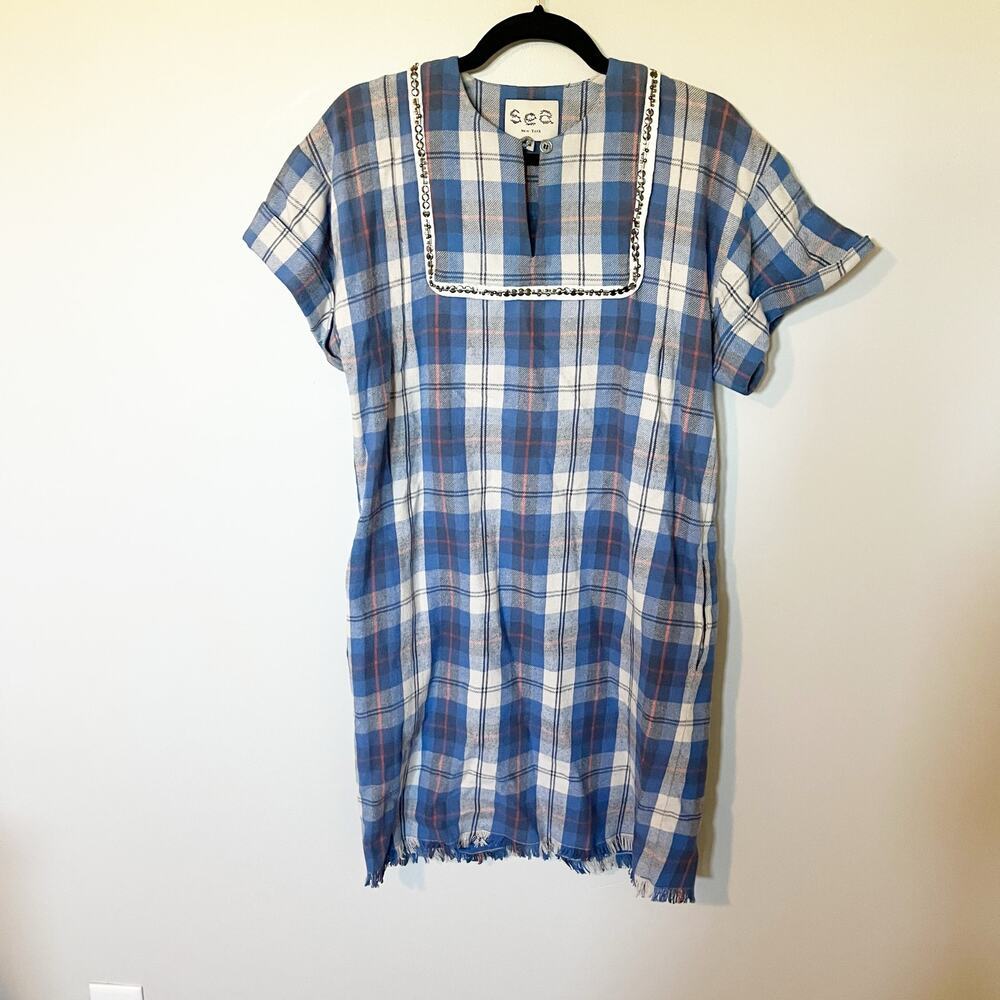 Sea New York blue plaid cotton flannel shift dress sequins women’s size 4